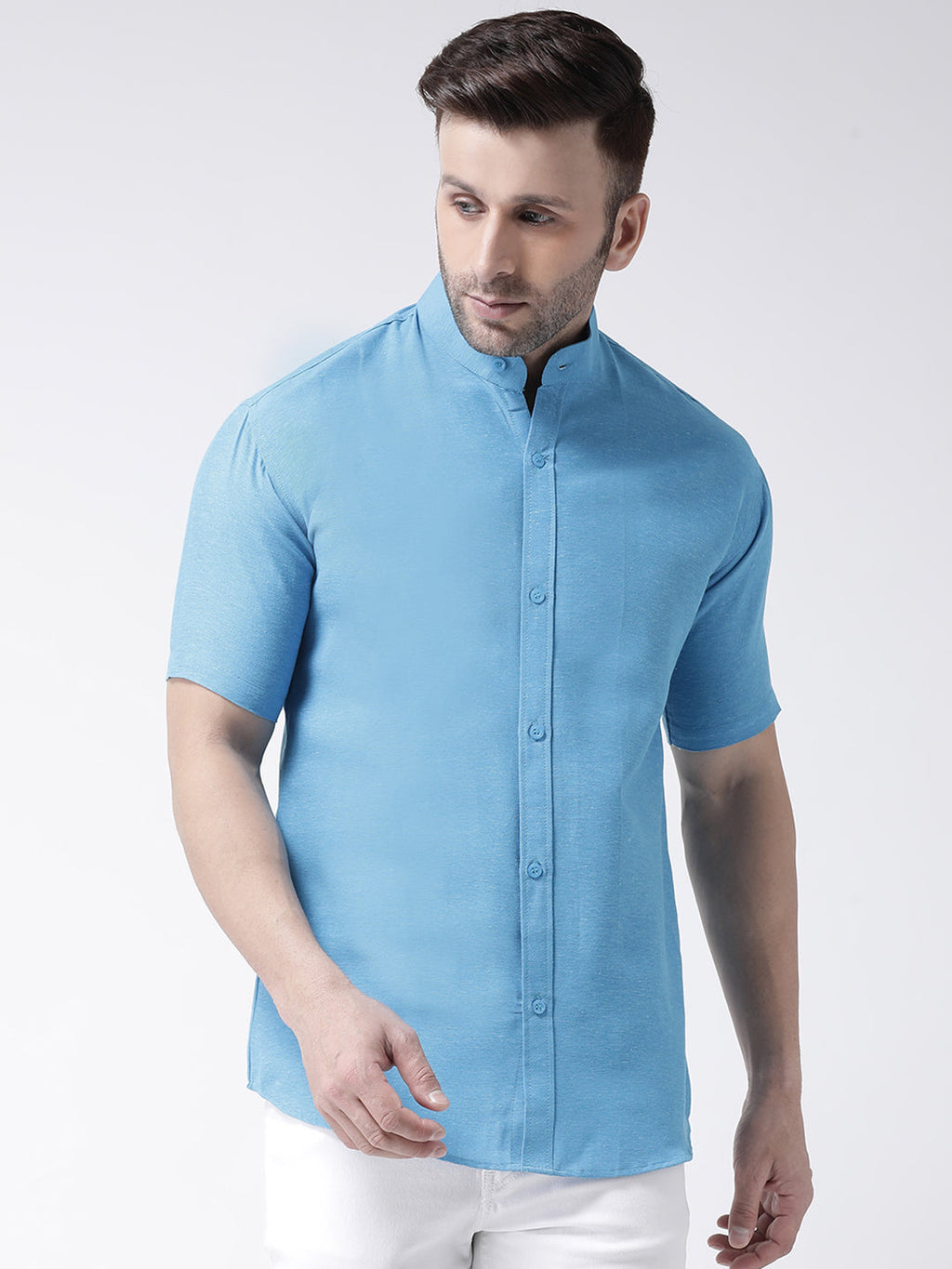RIAG Firozi Blue Men's Chinese Collar Half Sleeves Shirt - Distacart