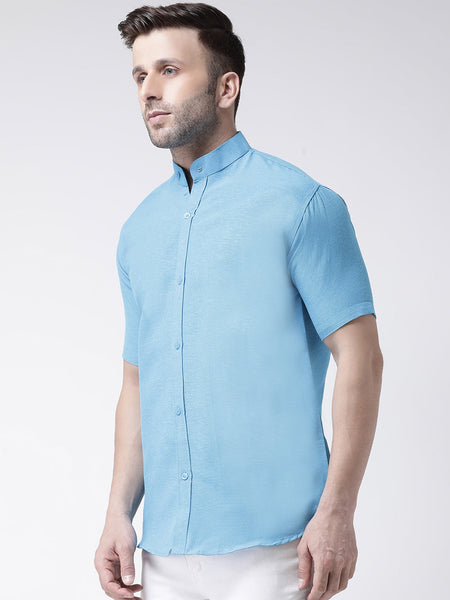 RIAG Firozi Blue Men's Chinese Collar Half Sleeves Shirt