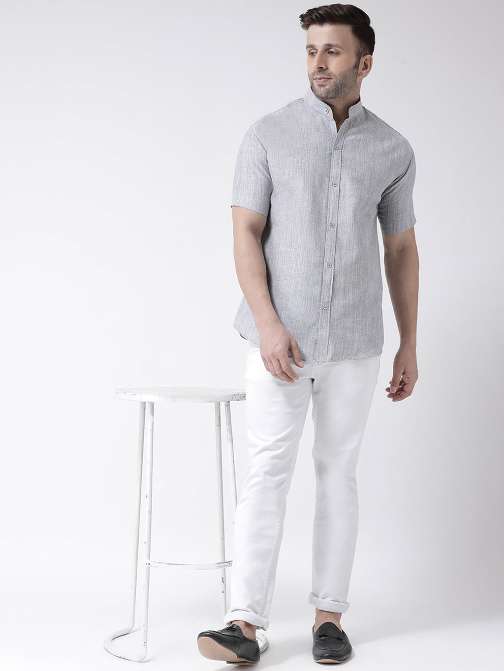 RIAG Grey Men's Chinese Collar Half Sleeves Shirt - Distacart