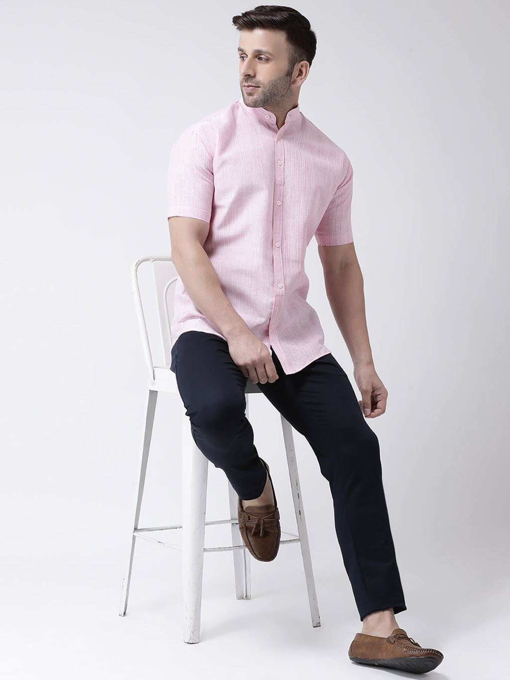 RIAG Pink Men's Chinese Collar Half Sleeves Shirt - Distacart