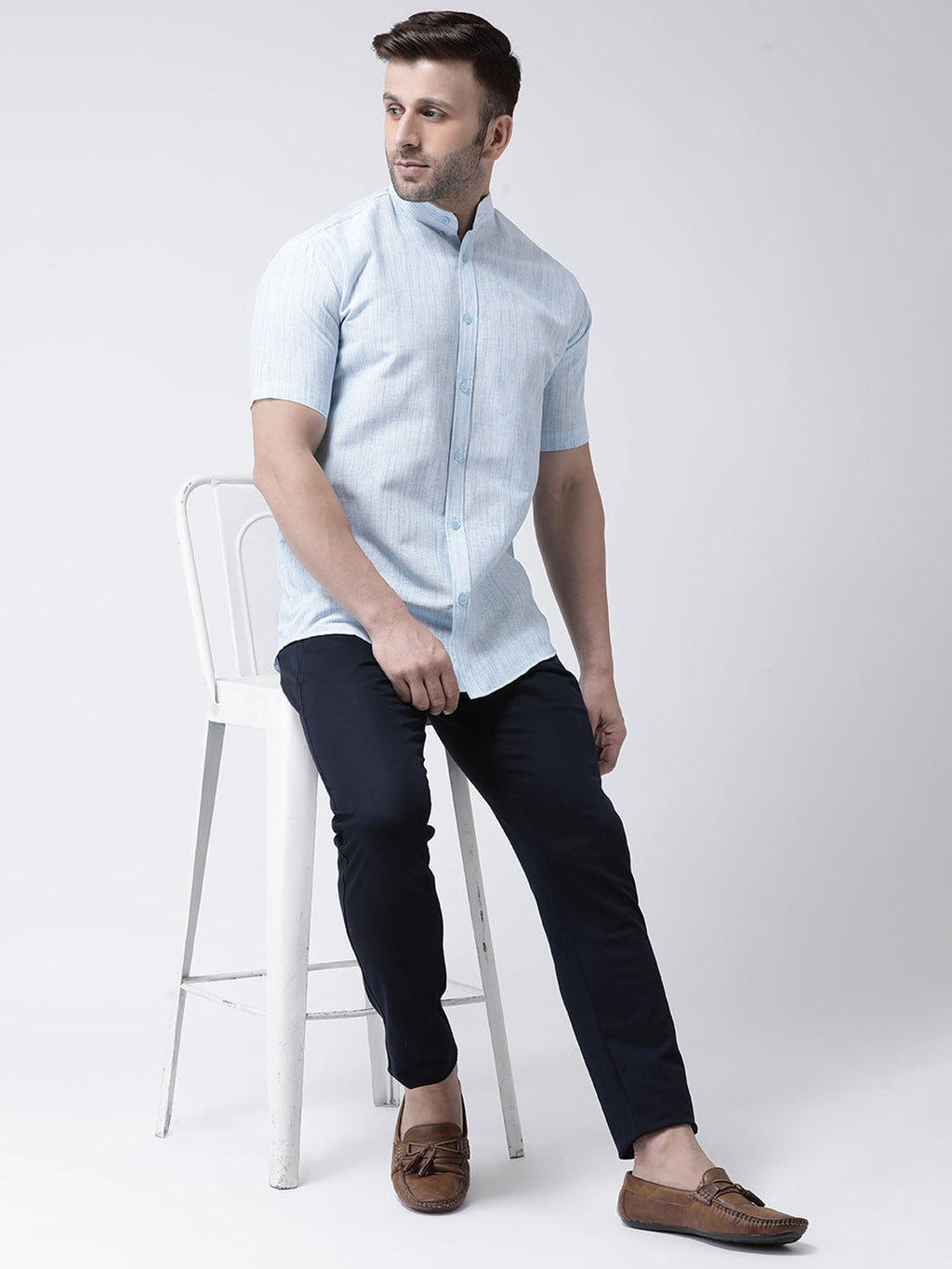 RIAG Sky Blue Men's Chinese Collar Half Sleeves Shirt - Distacart