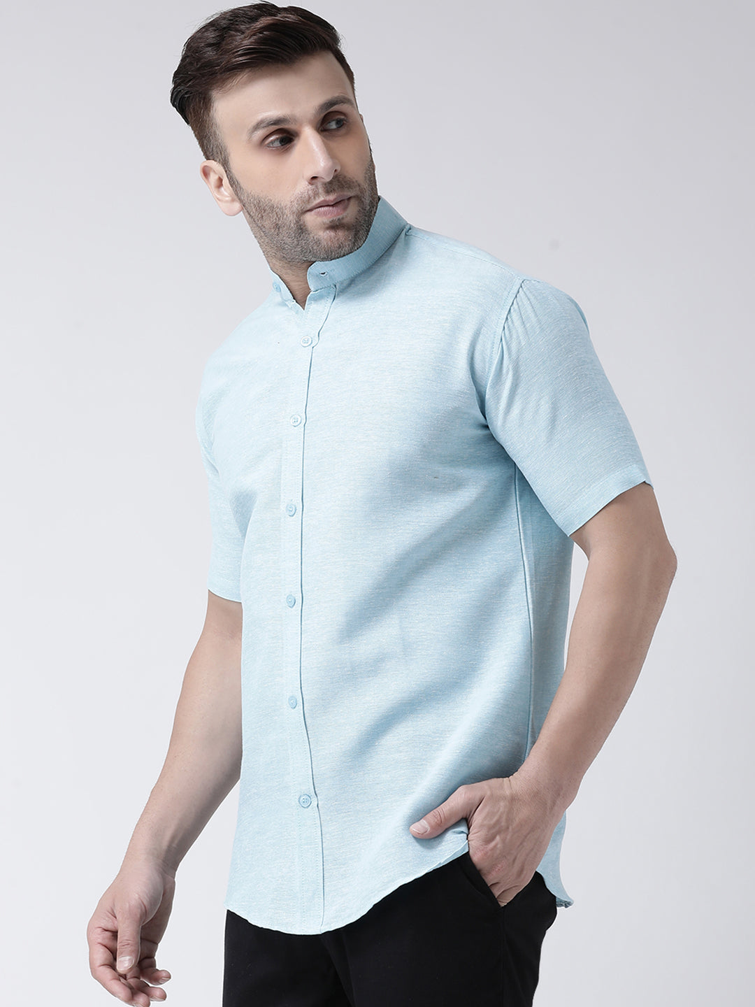 RIAG Sky Blue Men's Chinese Collar Half Sleeves Shirt - Distacart