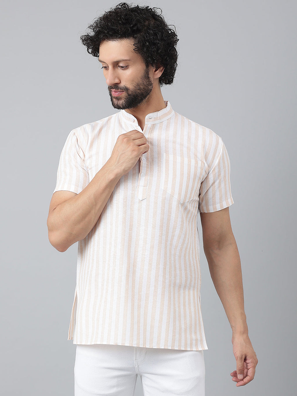 RIAG Beige Color Short Sleeves Casual Men's Cotton Short Kurta - Distacart