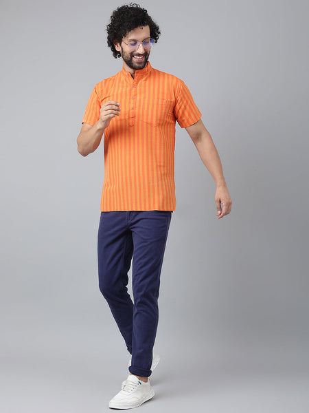 RIAG Orange Color Short Sleeves Casual Men's Cotton Short Kurta