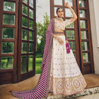 White Heavy Viscose Khatli, Embroidery & Mirror Work Unstitched Lehenga Choli - Sisha Keshav