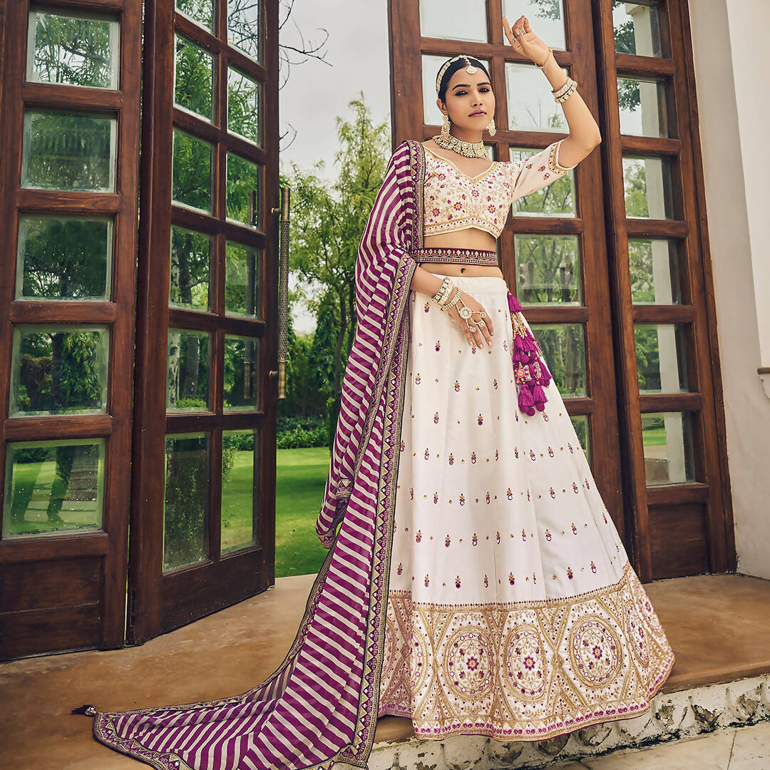 White Heavy Viscose Khatli, Embroidery & Mirror Work Unstitched Lehenga Choli - Sisha Keshav