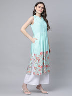 Ahalyaa Women's Sky Blue Rayon Printed Kurta Palazzo Set