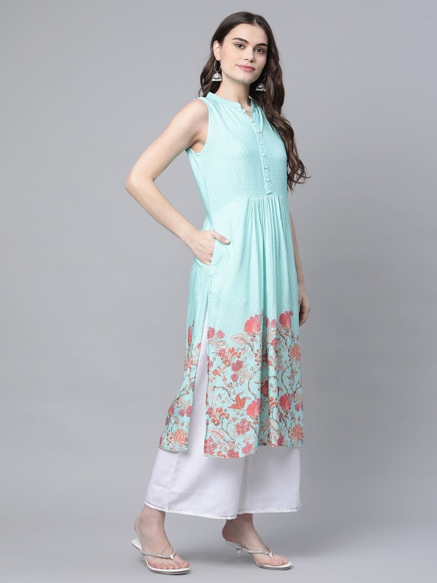 Ahalyaa Women's Sky Blue Rayon Printed Kurta Palazzo Set