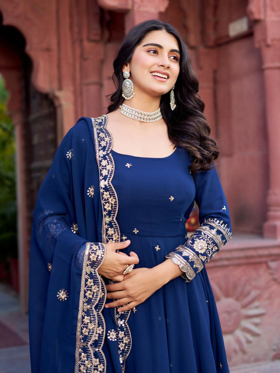 The52 Women's Beautiful Faux Georgette Fabric Embroidery Work Flared Anarkali Pant and Dupatta Set - Distacart
