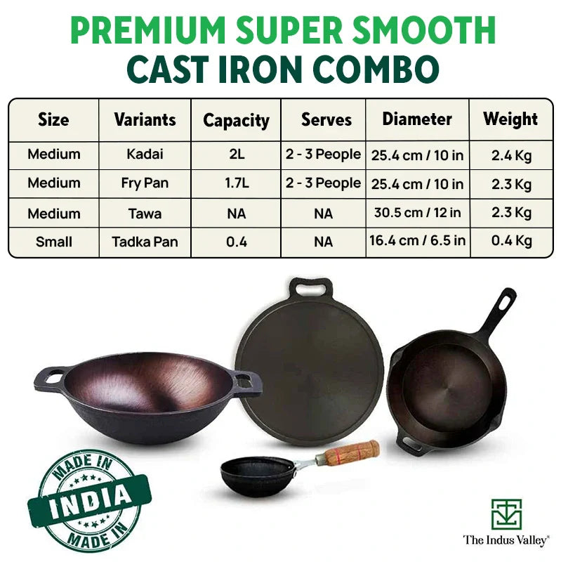 The Indus Valley Super Smooth Cast Iron Set: Frypan+ Kadai+ Tawa, Kitchen set for Home, Nonstick, 100% Pure,Toxin-free, Tadka Pan