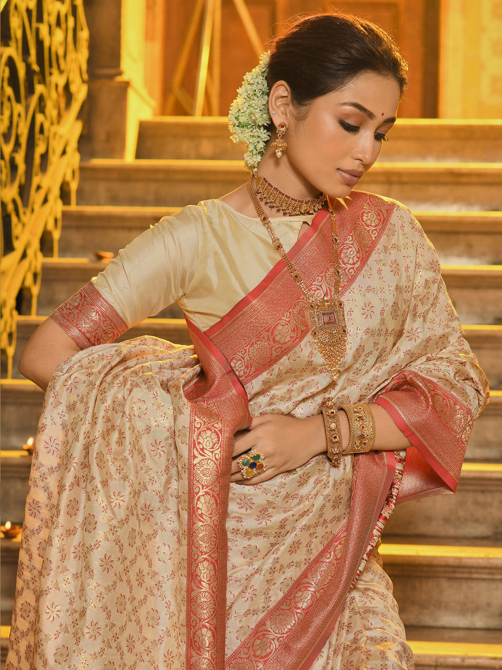 Anaita Off White Banarasi Saree With Blouse Piece - Distacart