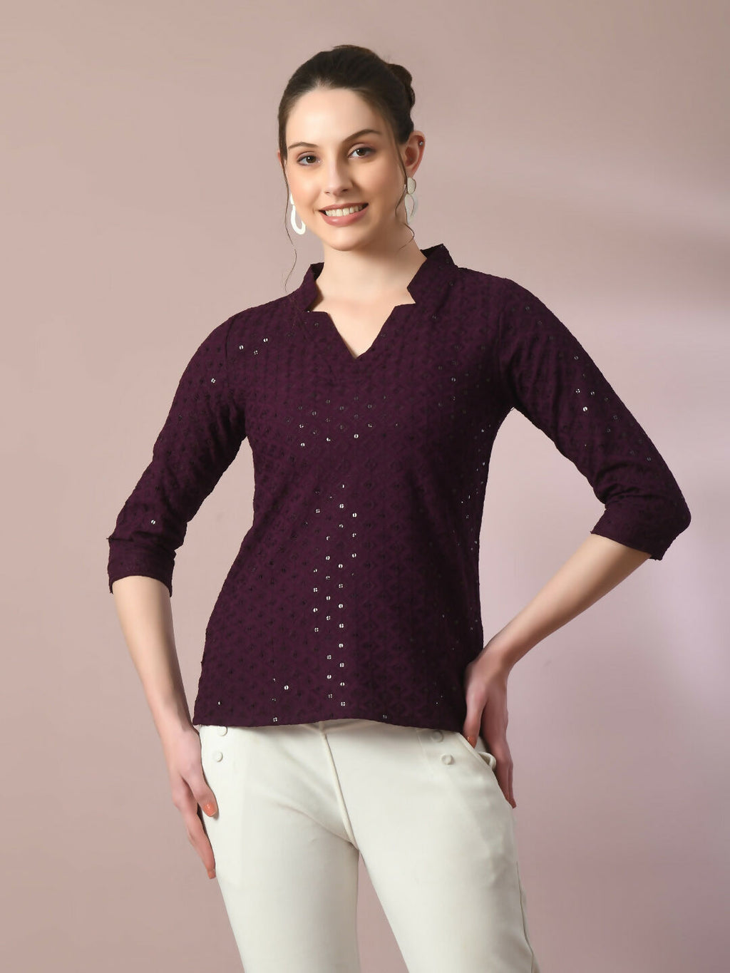 Myshka Women's Violet Embellished Cotton Regular Party Tunic