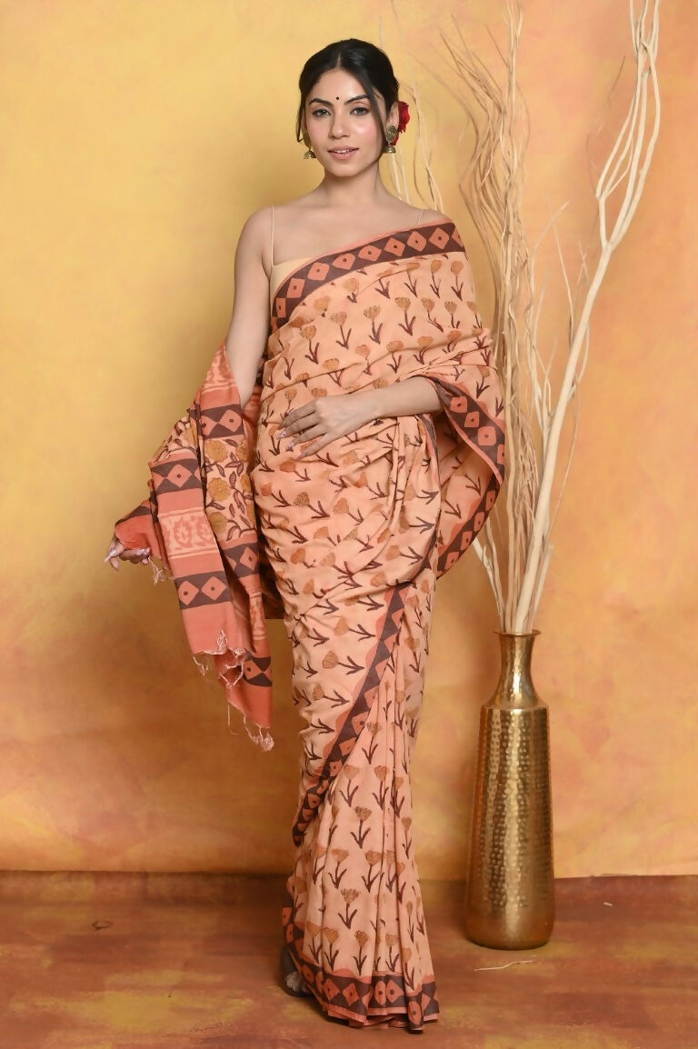 Very Much Indian Designer Modal Silk Saree With With Beautiful Floral Print - Light Orange - Distacart