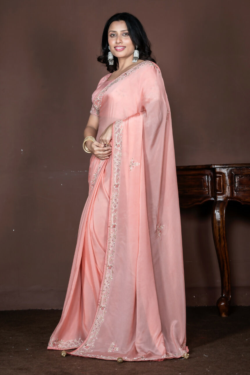 Morchari Peach Chiffon Hand Embroidery Saree Stitched Blouse - Distacart