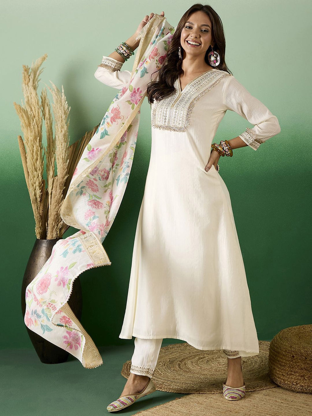Sangria Embroidered A-Line Kurta With Trousers & Dupatta