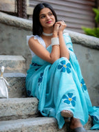 Prime Volt Women's Sky Blue Floral Digital Print Soft Linen Saree With Blouse - Distacart