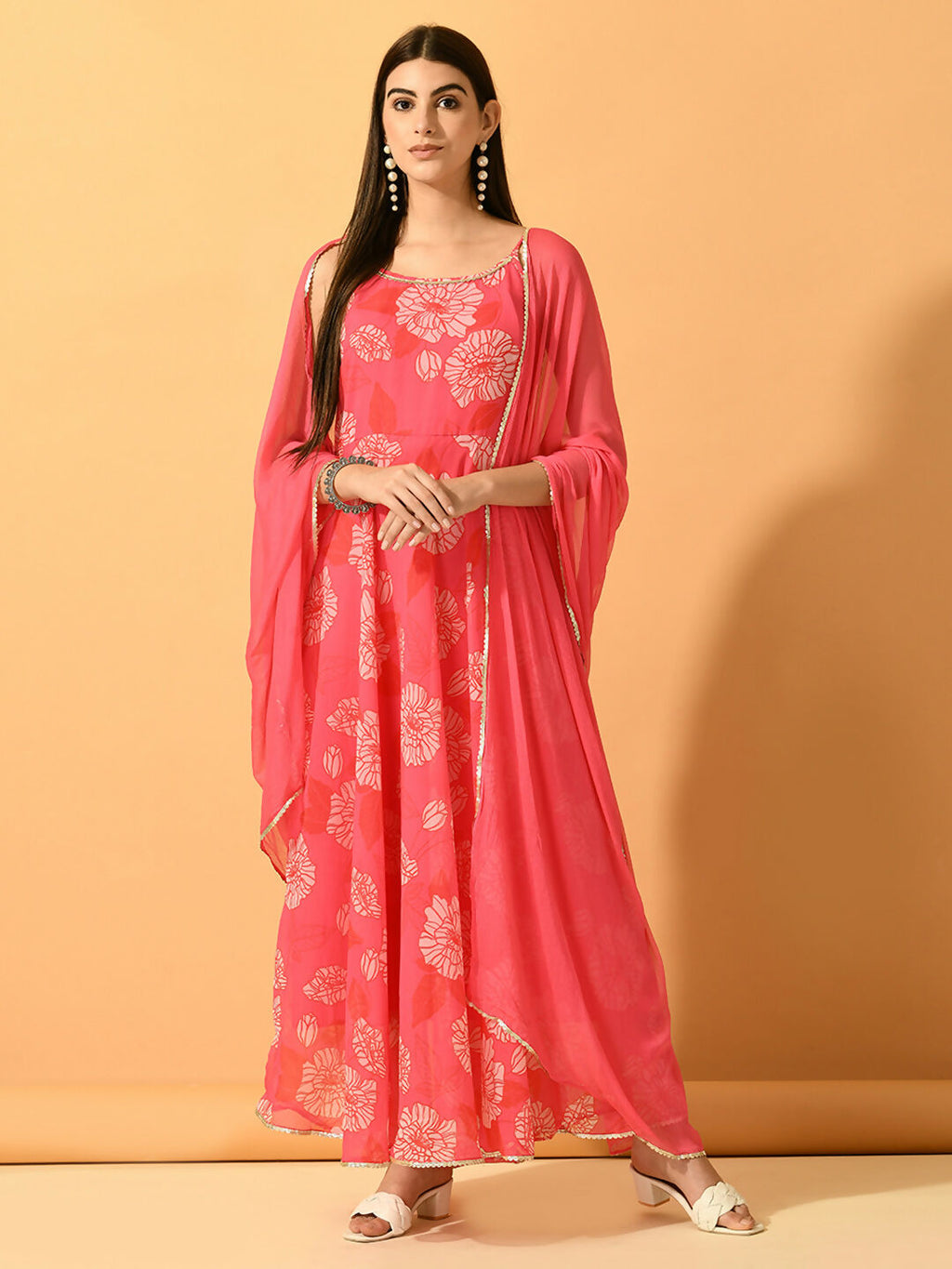 Myshka Women's Pink Festive Flared Anarkali Kurta With Dupatta sets