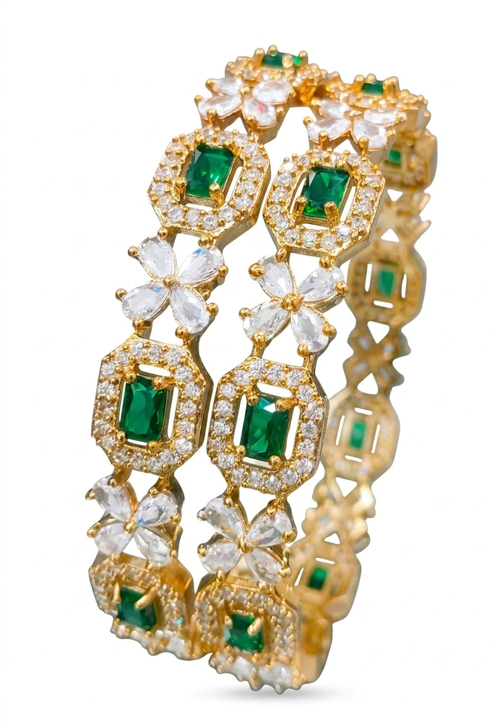 Jewel City Exquisite Emerald & Diamond Gold-Plated Floral Kada Green Bangles - Handcrafted Ethnic Jewelry for Weddings - Distacart