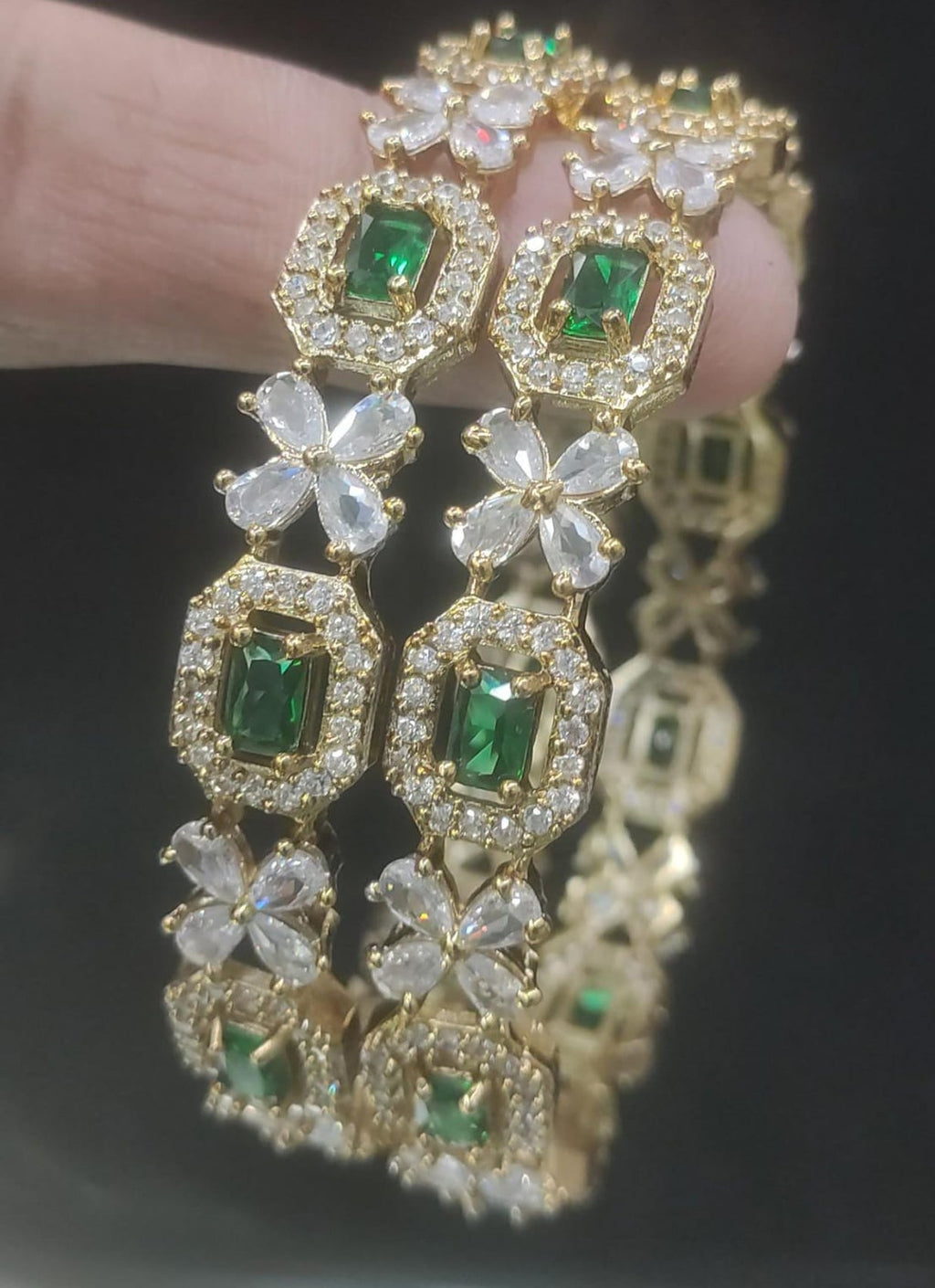 Jewel City Exquisite Emerald & Diamond Gold-Plated Floral Kada Green Bangles - Handcrafted Ethnic Jewelry for Weddings - Distacart