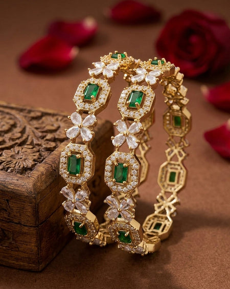 Jewel City Exquisite Emerald & Diamond Gold-Plated Floral Kada Green Bangles - Handcrafted Ethnic Jewelry for Weddings
