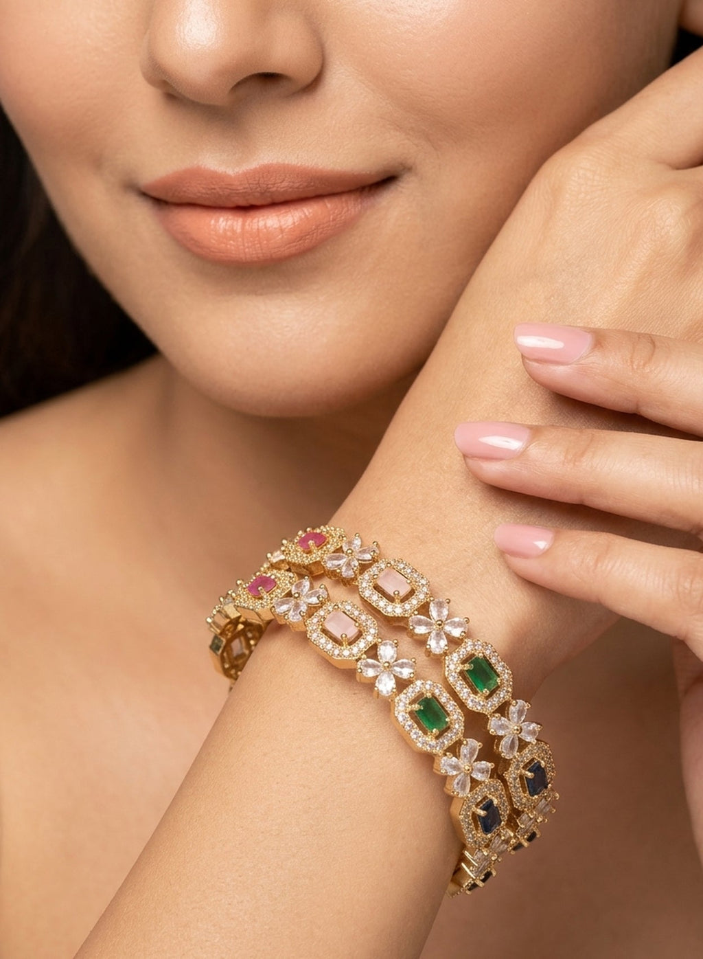 Jewel City Exquisite Emerald & Diamond Gold-Plated Floral Kada Multi-Color Bangles - Handcrafted Ethnic Jewelry for Weddings - Distacart