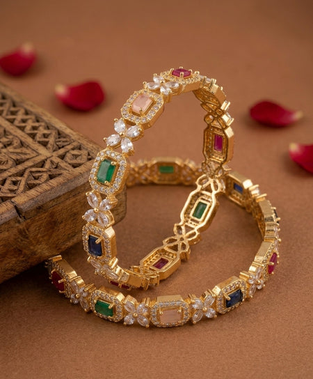 Jewel City Exquisite Emerald & Diamond Gold-Plated Floral Kada Multi-Color Bangles - Handcrafted Ethnic Jewelry for Weddings