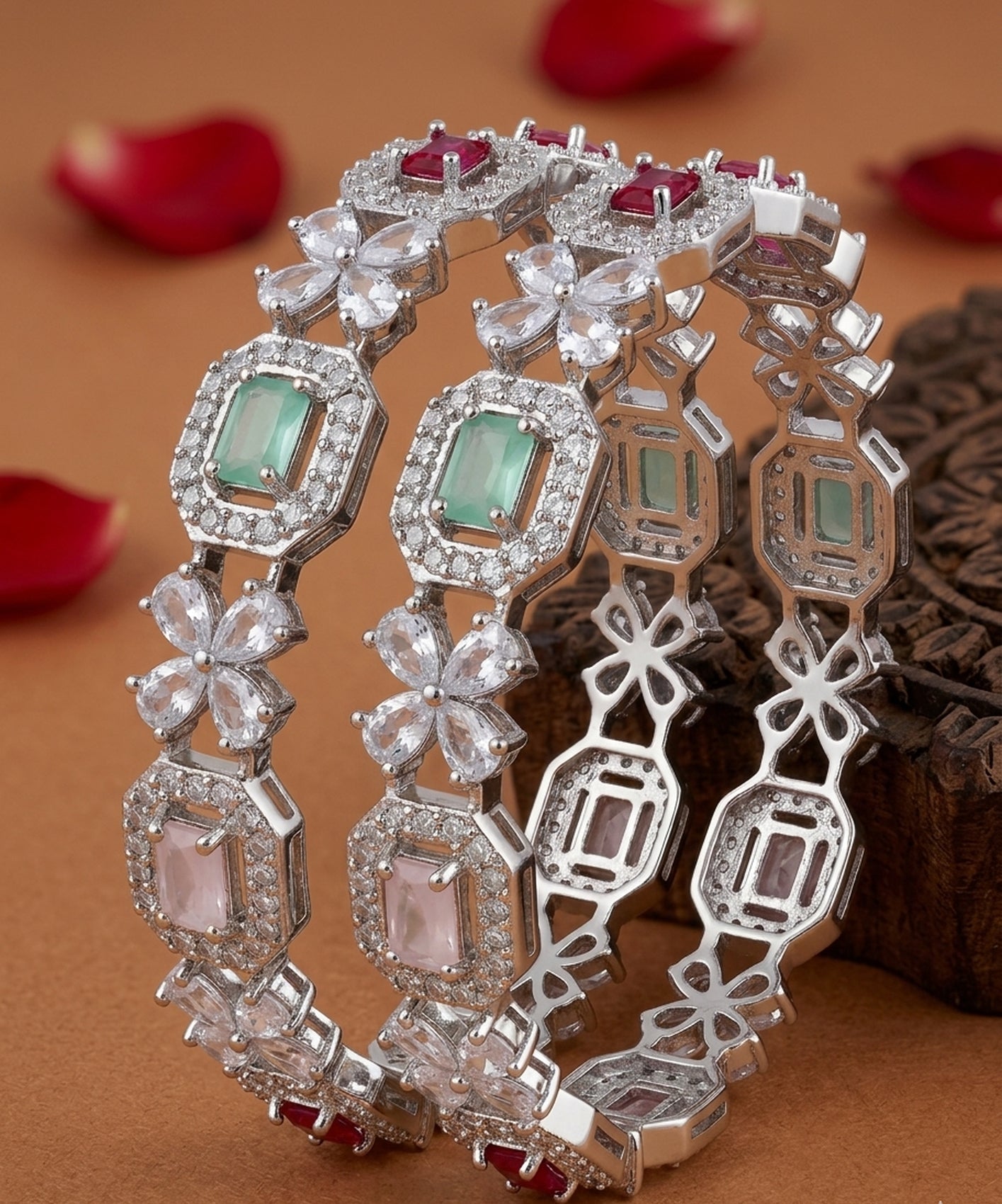 Jewel City Exquisite Emerald & Diamond Gold-Plated Floral Kada Bangles - Handcrafted Ethnic Jewelry for Weddings - Distacart