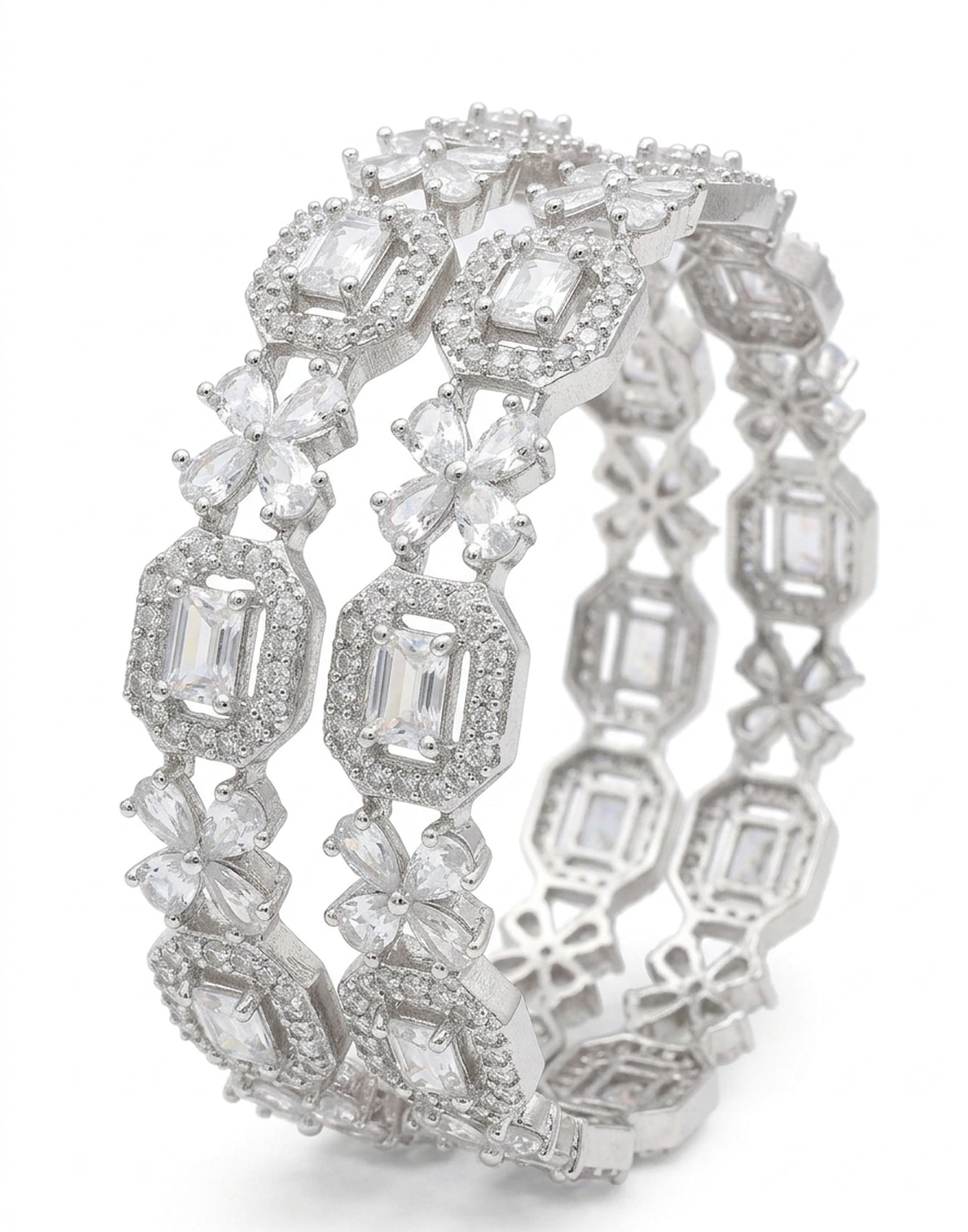 Jewel City Exquisite Emerald & Diamond Rhodium-Plated Floral Kada White Bangles - Handcrafted Ethnic Jewelry for Weddings - Distacart