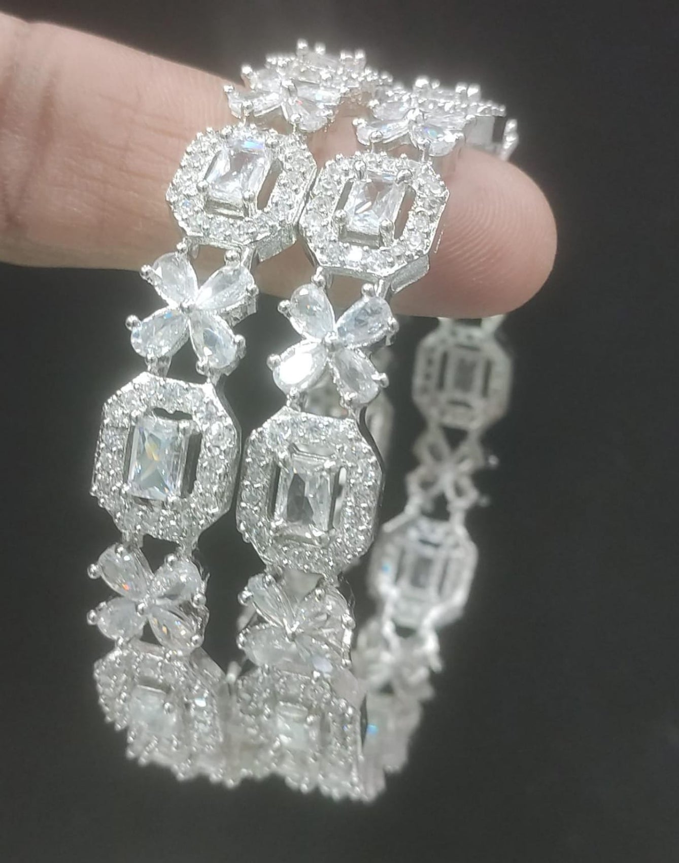 Jewel City Exquisite Emerald & Diamond Rhodium-Plated Floral Kada White Bangles - Handcrafted Ethnic Jewelry for Weddings - Distacart