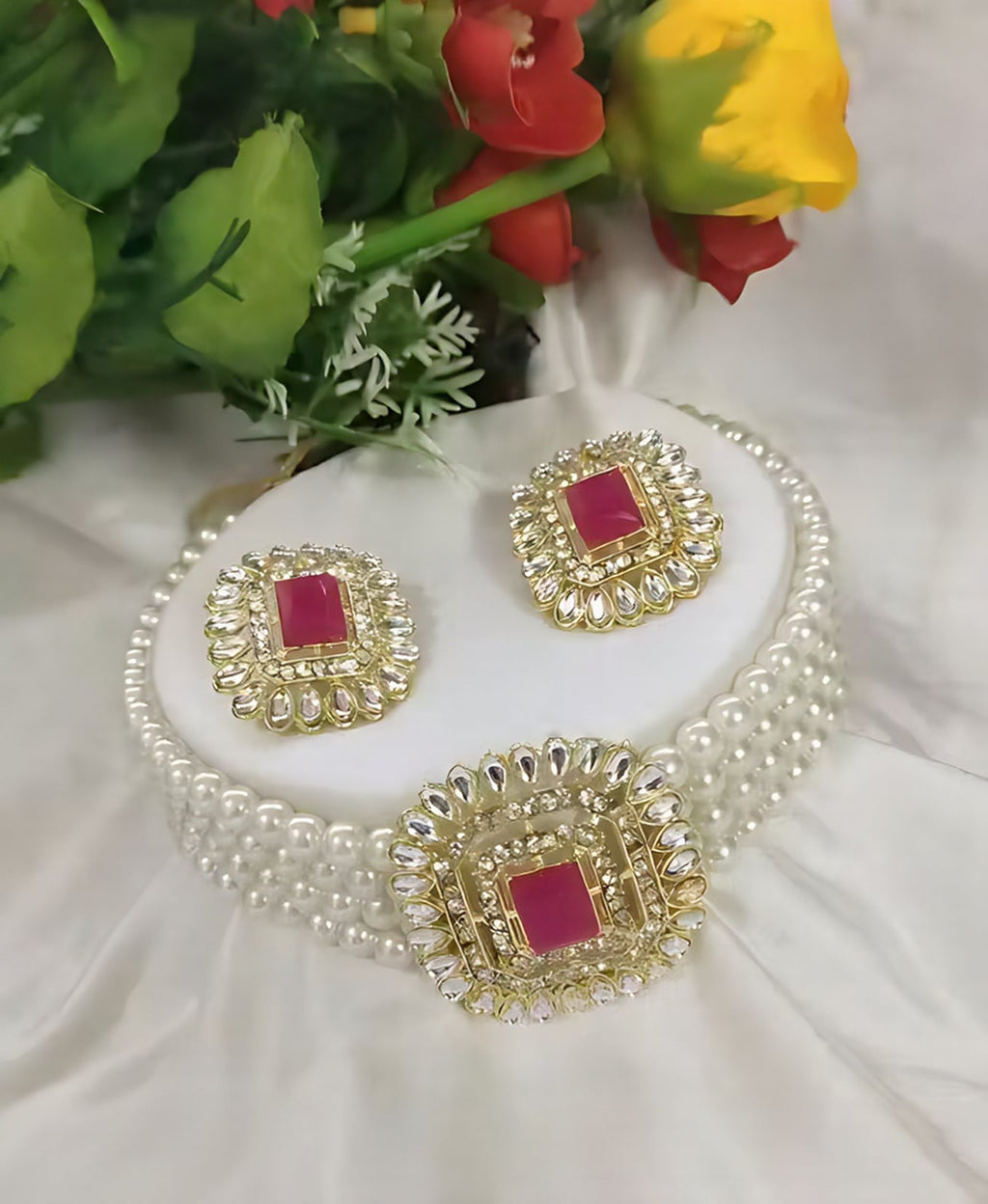 Jewel City Traditional Gold-Plated Multi-Layered Pearl Choker Necklace Set & Earrings Indian Ethnic Wedding Jewelry