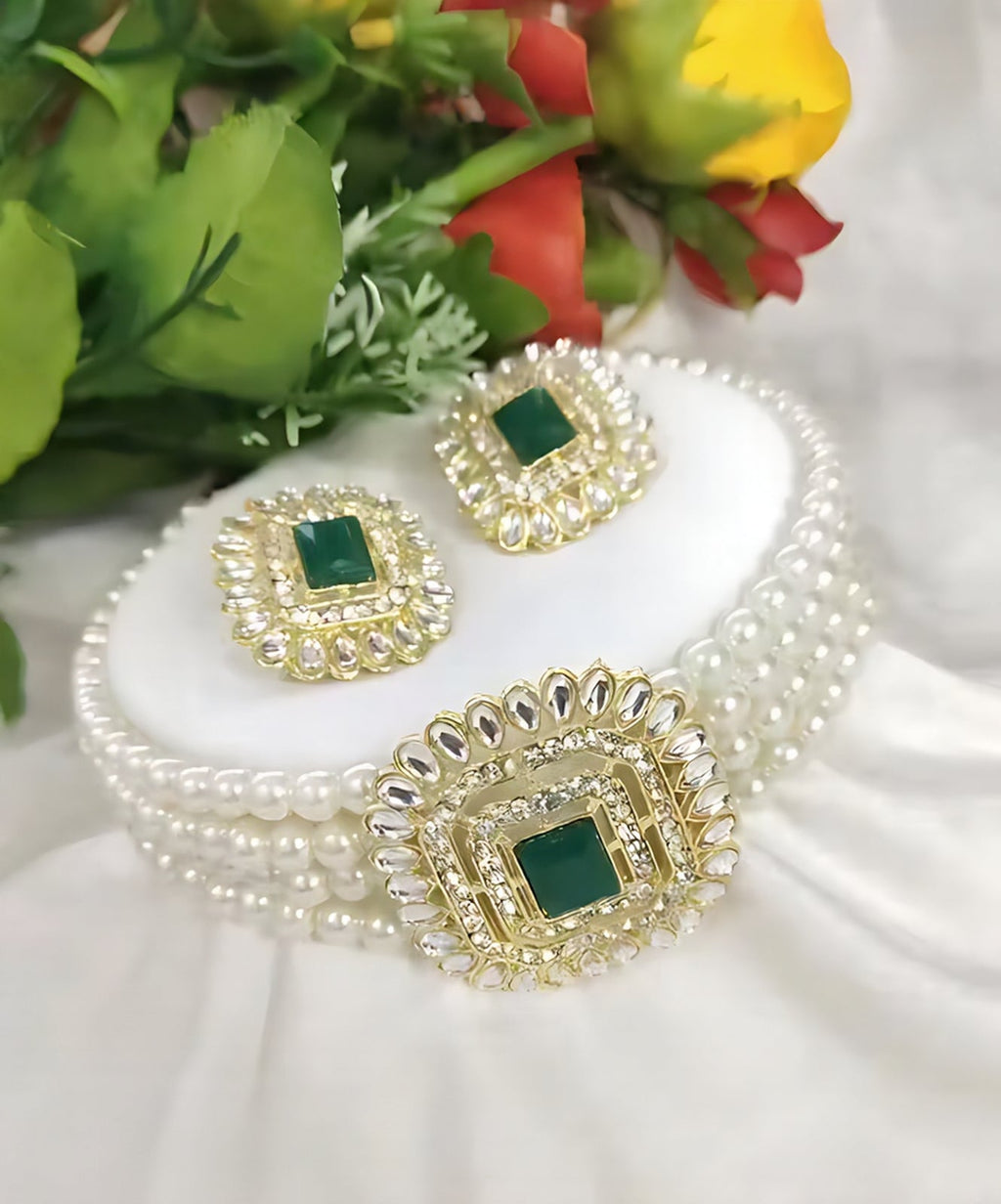 Jewel City Traditional Gold-Plated Multi-Layered Pearl Choker Necklace Set & Earrings Indian Ethnic Wedding Jewelry