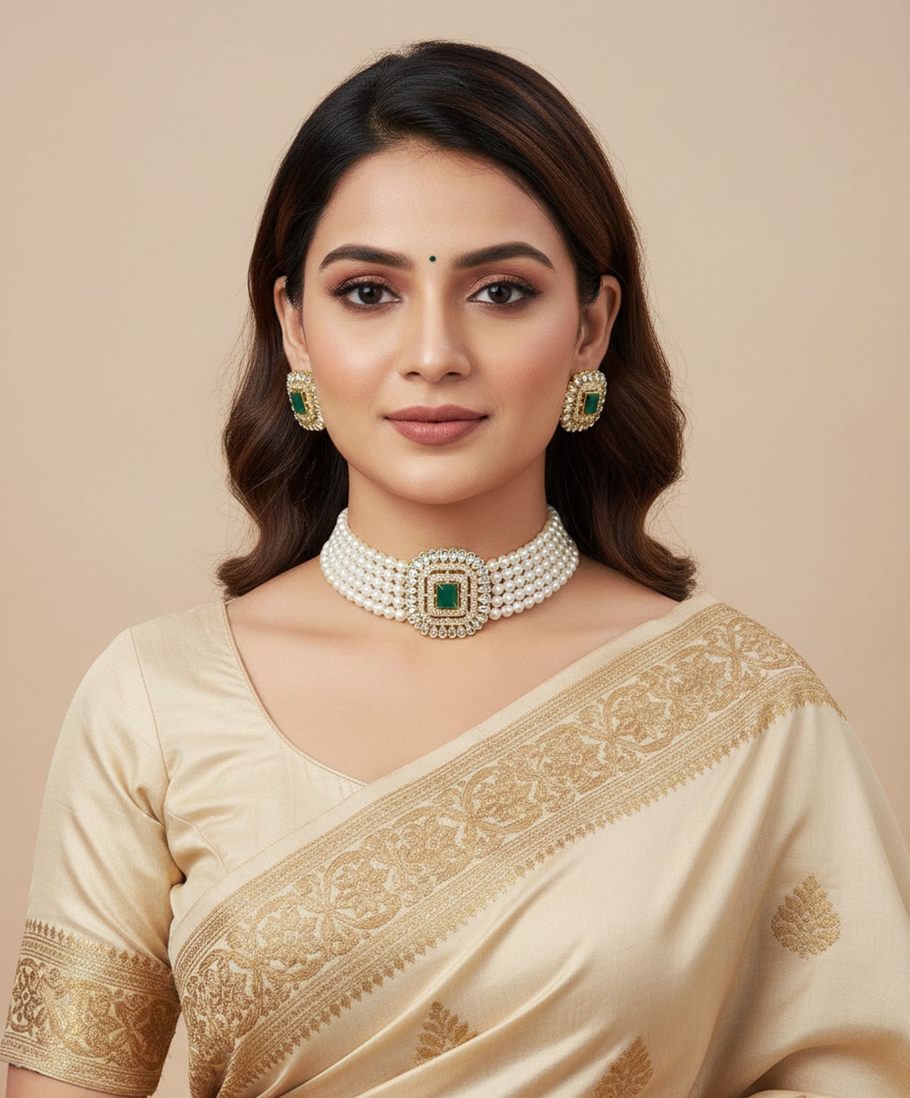 Jewel City Traditional Gold-Plated Multi-Layered Pearl Choker Necklace Set & Earrings Indian Ethnic Wedding Jewelry