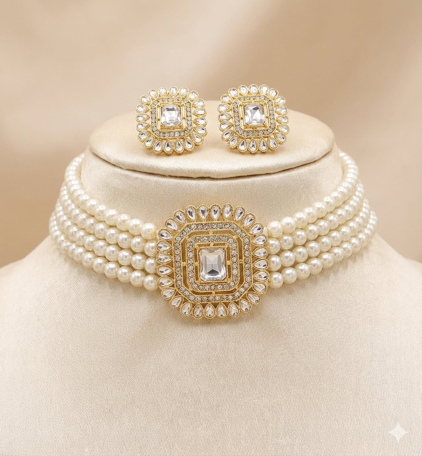 Jewel City Traditional Gold-Plated Multi-Layered Pearl Choker Necklace Set & Earrings Indian Ethnic Wedding Jewelry