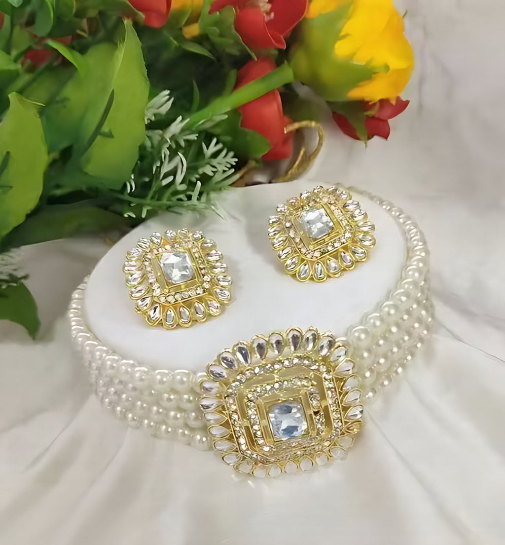 Jewel City Traditional Gold-Plated Multi-Layered Pearl Choker Necklace Set & Earrings Indian Ethnic Wedding Jewelry