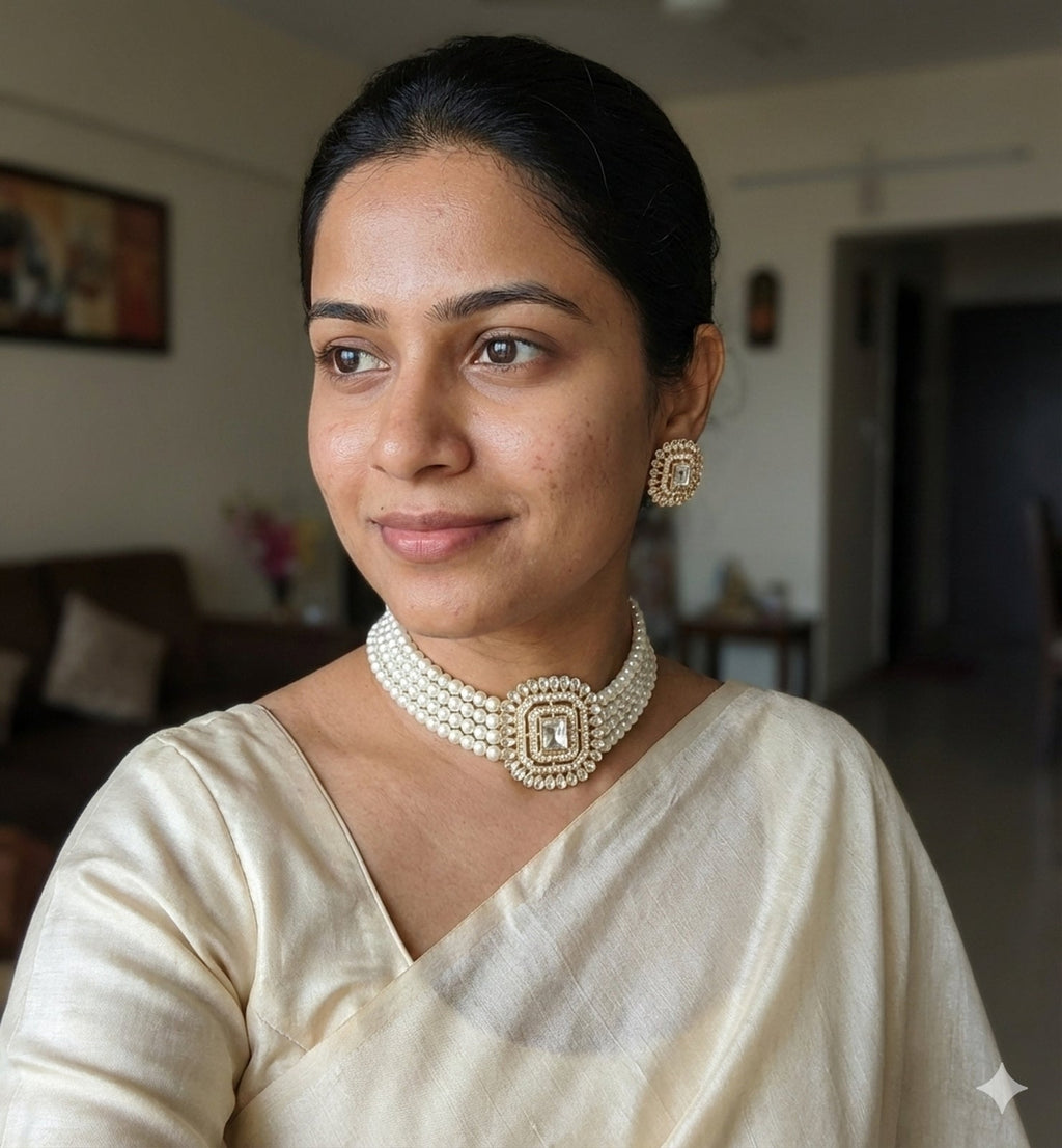 Jewel City Traditional Gold-Plated Multi-Layered Pearl Choker Necklace Set & Earrings Indian Ethnic Wedding Jewelry