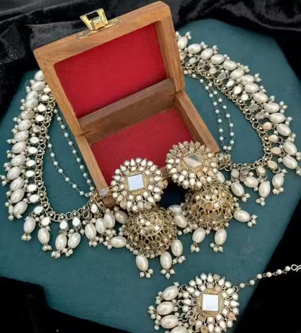 Jewel City Traditional Handcrafted Kundan Pearl Jhumka Drop Earrings And Maang Tikka Set - Distacart
