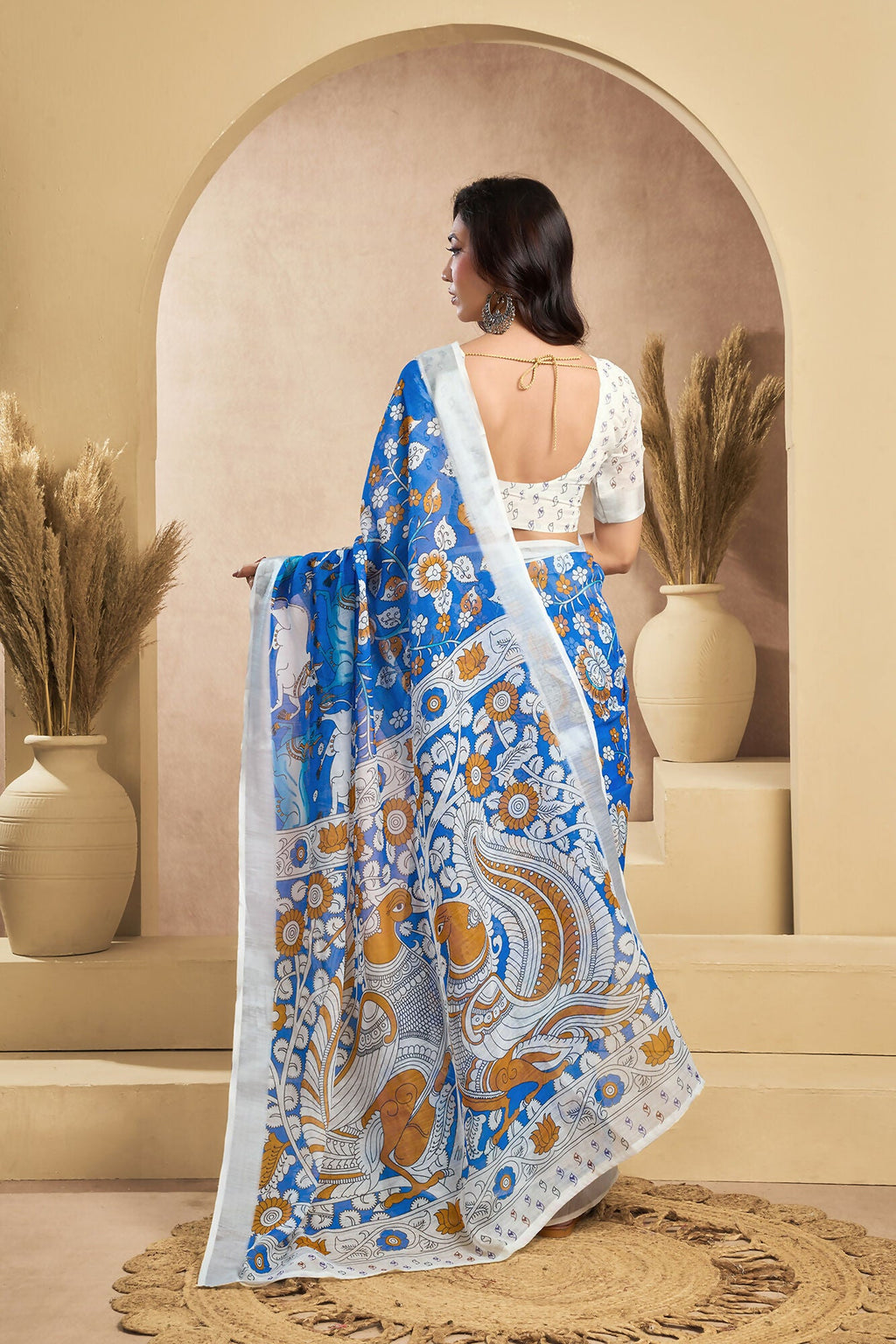 Vastranavya Blue Digital Printed Linen Ready To Wear Designer Saree with Unstitched Blouse - Distacart