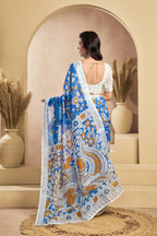 Vastranavya Blue Digital Printed Linen Ready To Wear Designer Saree with Unstitched Blouse - Distacart