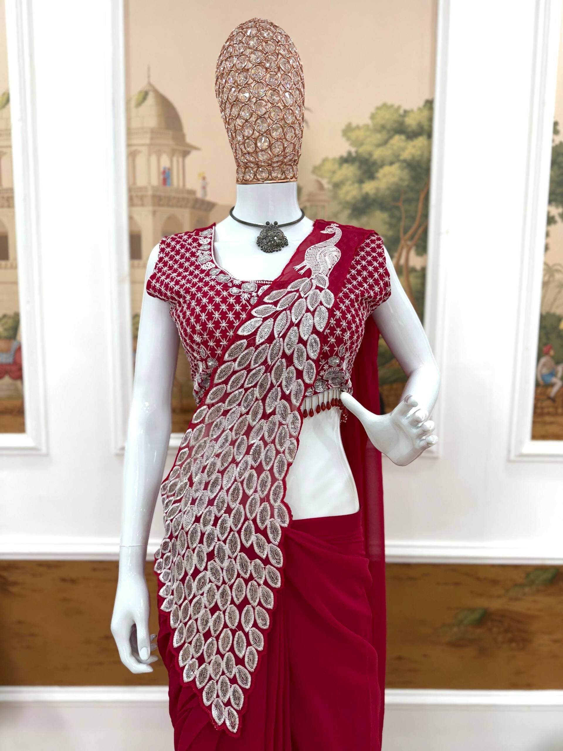 Teeya Creation Rani Color Faux Georgette Embroidery Work Party Wear Ready To Wear Saree - Distacart
