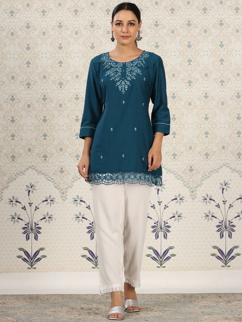 Teal Chinon Embroidered Straight Top - Zeny