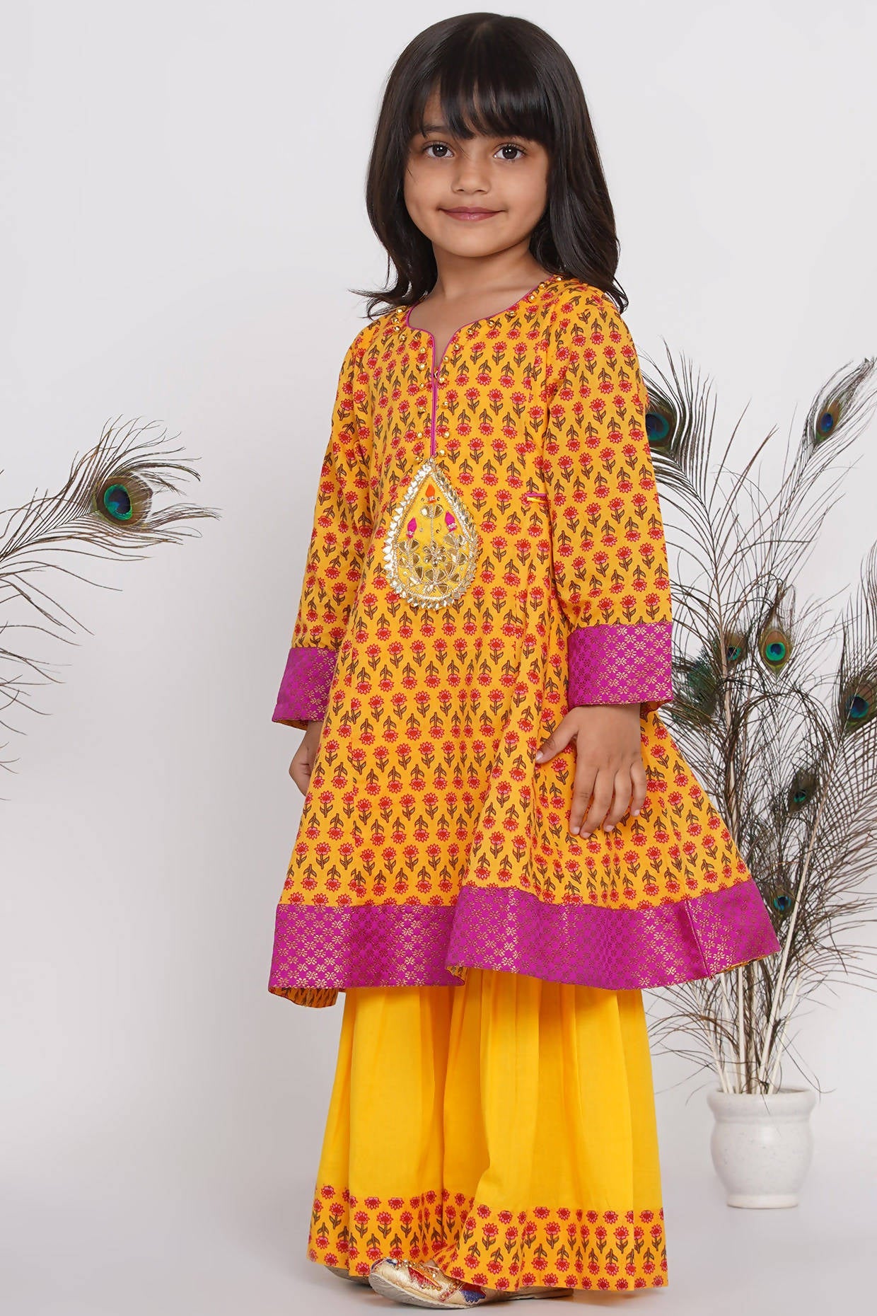 Little Bansi Girls Cotton Kurta frock with booti work,Sharara & Dupatta - Yellow
