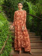 Janasya Brown Georgette Floral Kurta, Bottom & Inner