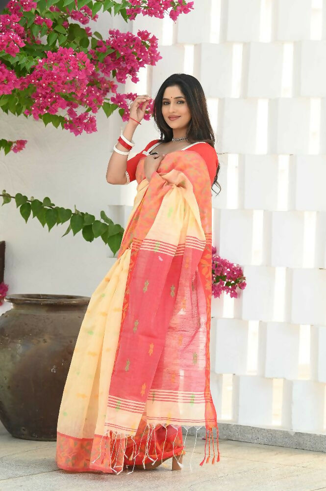 Beatitude Yellow Slub Cotton Floral Jamdani Saree