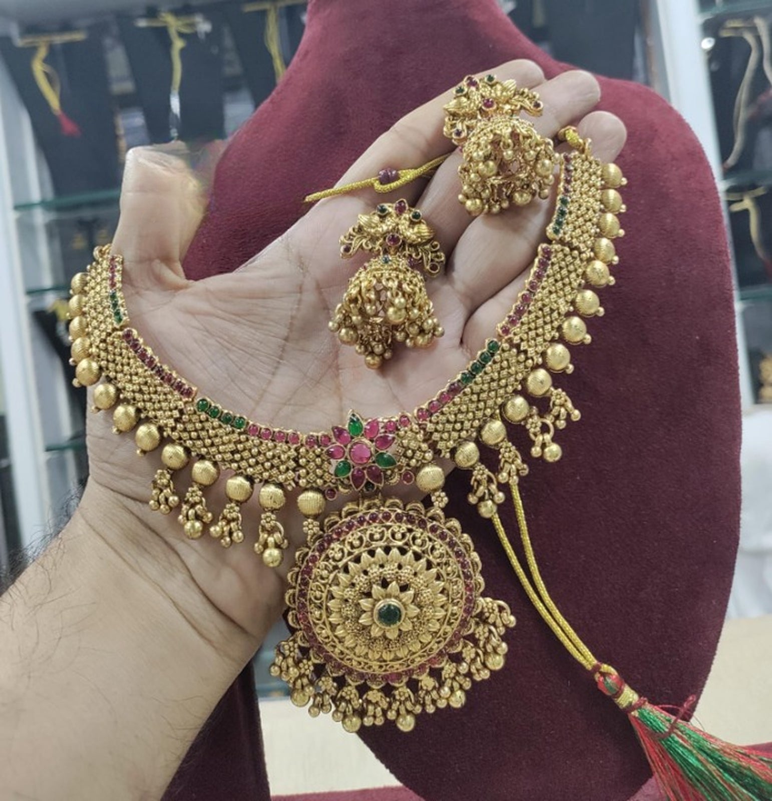 Jewel City Traditional Gold-Plated Temple Necklace Set with Jhumka Earrings for Bridal & Festive Wear