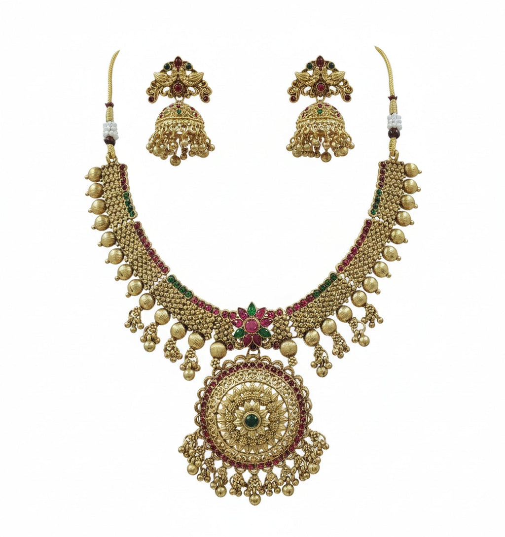 Jewel City Traditional Gold-Plated Temple Necklace Set with Jhumka Earrings for Bridal & Festive Wear
