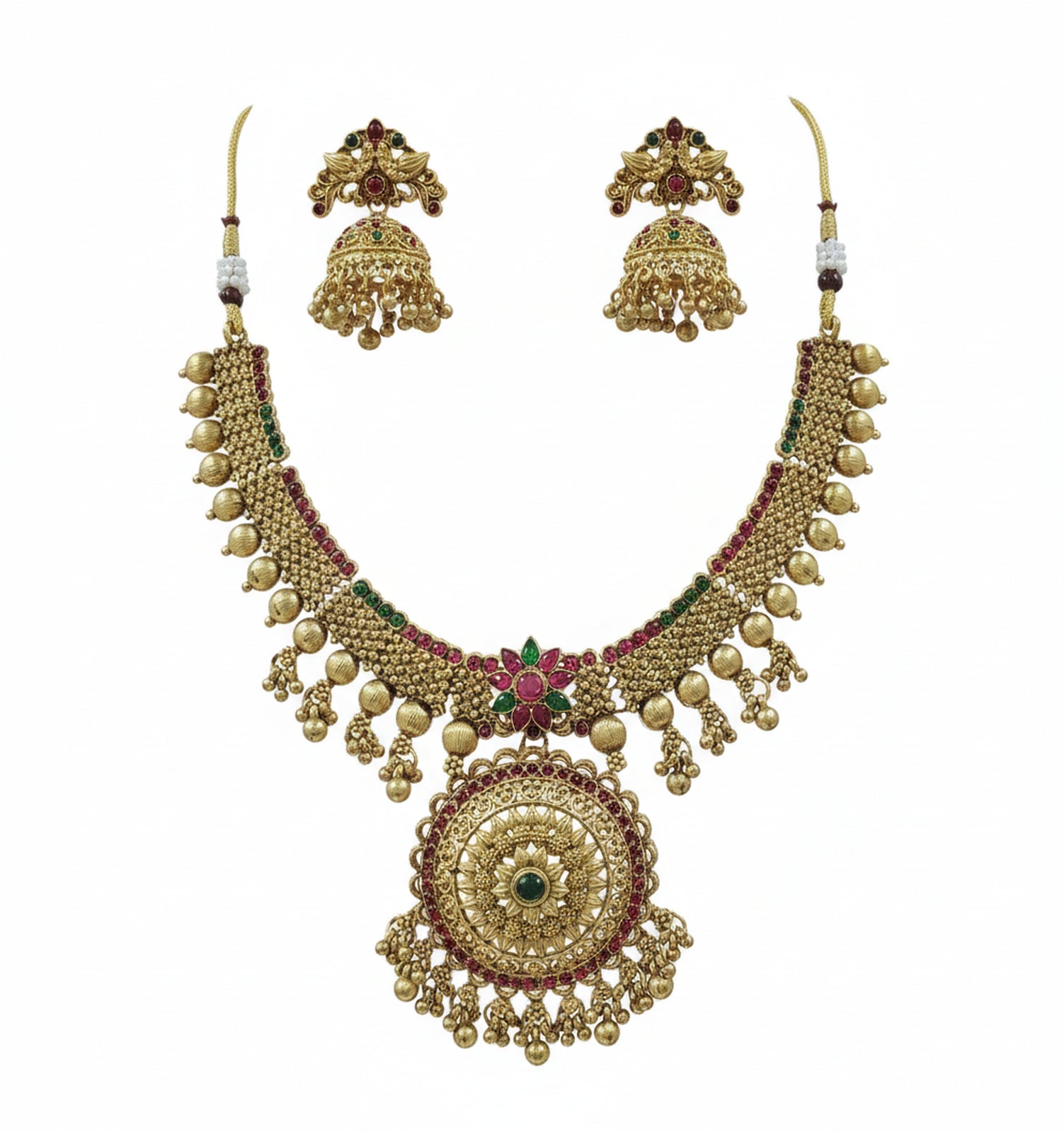 Jewel City Traditional Gold-Plated Temple Necklace Set with Jhumka Earrings for Bridal & Festive Wear