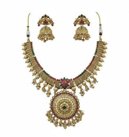 Jewel City Traditional Gold-Plated Temple Necklace Set with Jhumka Earrings for Bridal & Festive Wear