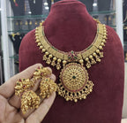 Jewel City Traditional Gold-Plated Temple Necklace Set with Jhumka Earrings for Bridal & Festive Wear