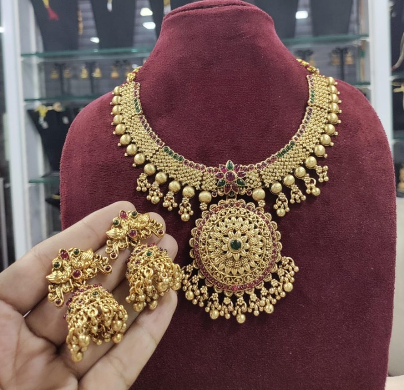 Jewel City Traditional Gold-Plated Temple Necklace Set with Jhumka Earrings for Bridal & Festive Wear