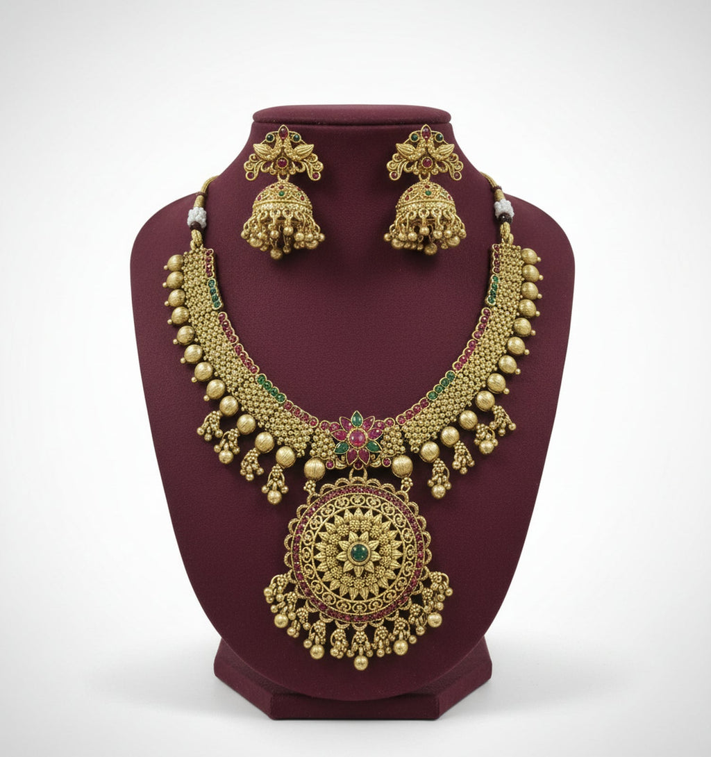 Jewel City Traditional Gold-Plated Temple Necklace Set with Jhumka Earrings for Bridal & Festive Wear